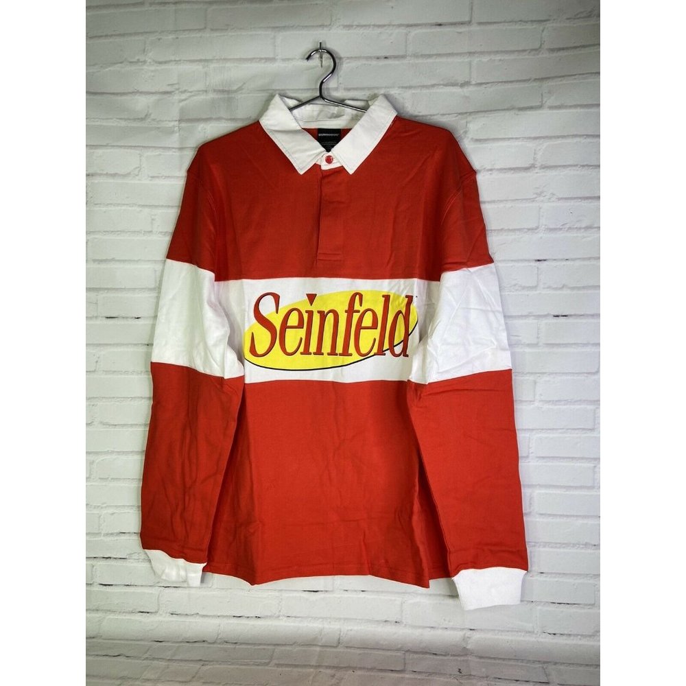 Dumbgood Seinfeld Collared Polo Rugby Long Sleeve Shirt Red White Mens Size XL